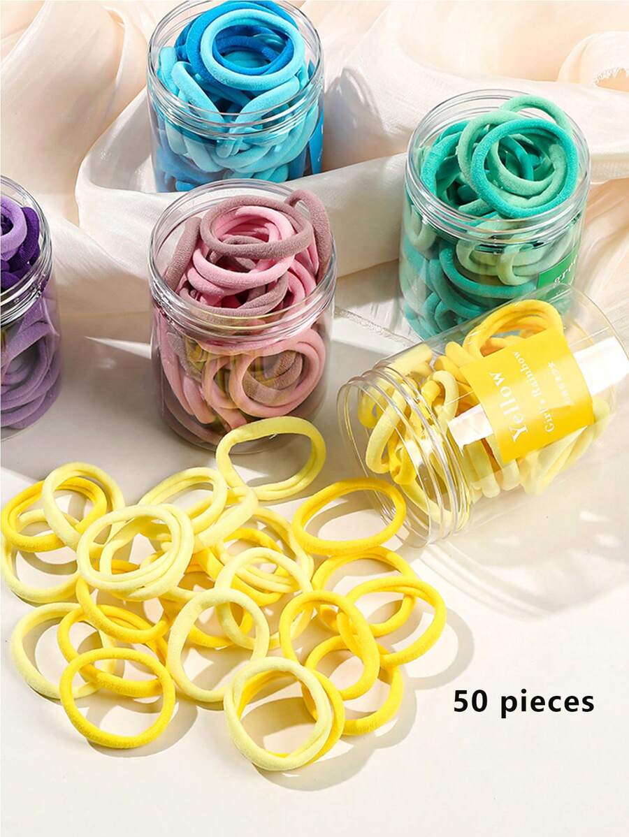 50入組高彈性毛巾頭帶髮圈（女孩用）,無縫髮帶和橡皮筋 - 黃色 - 查看 1