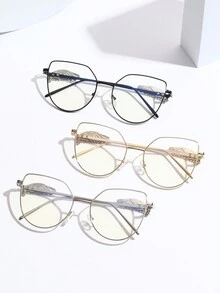 1 件金属猫眼镜框时尚眼镜，配有奢华金属翼装饰，超大透明镜片，男女皆宜，适用于日常装饰、阅读、游戏、电脑、返校，具有抗疲劳、改善视力、简洁便携等特点，还可搭配处方眼镜 - 無色 - 查看 1