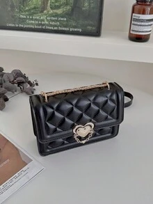 Cute Children's Heart Decorated Pu Flap Satchel With Chain Strap For Girls, Versatile Fashion Crossbody Bag - Black - View 4