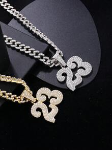 1pc Personalized Men's Europe And America Style Fully Rhinestone Decorated Number 23 Pendant Stainless Steel Chain Necklace For Hip Hop Clothing - Multicolor - View 2
