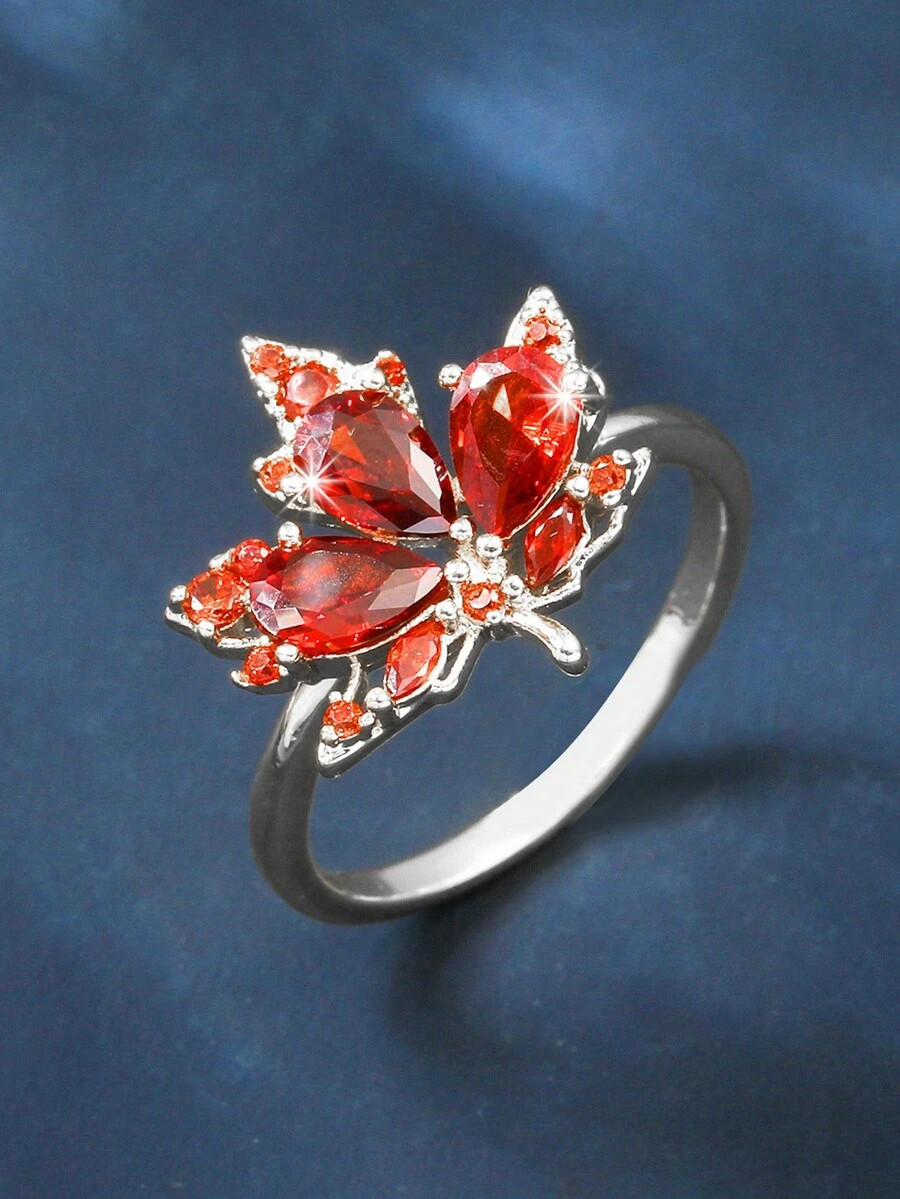 1pc Fashionable Zirconia Leaf Shaped Ring - Silver - View 1