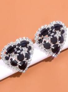 1pair High-End Heart Shaped Clip-On Earrings With Black Rhinestones For Women, Halloween Accessories - Silver - View 3