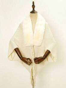 1pc Mesh-Style Solid Color Fringe Fur Shawl For Warmth And Outfit(Including Knitted Cardigan) - Multicolor - View 1