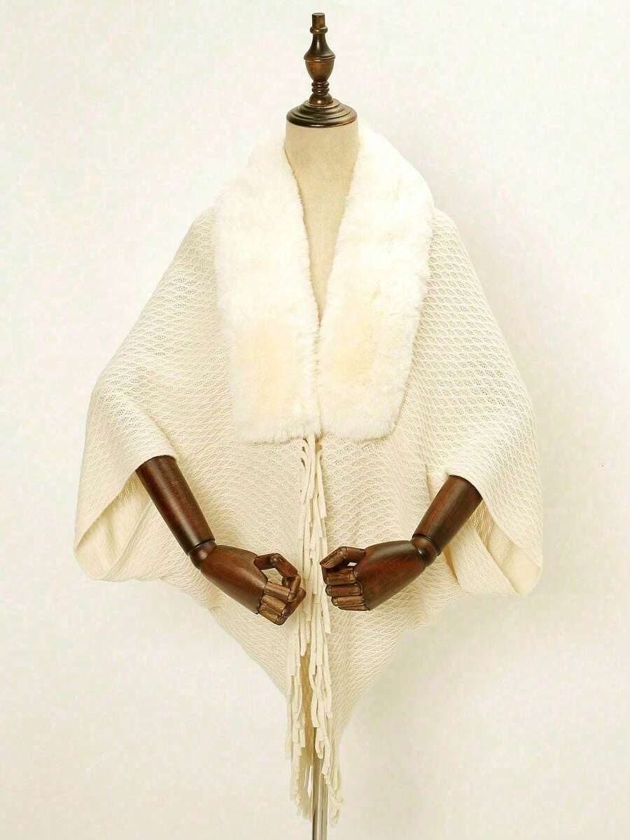 1pc Mesh-Style Solid Color Fringe Fur Shawl For Warmth And Outfit(Including Knitted Cardigan) - Multicolor - View 1
