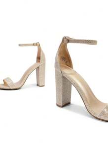 Women Elegant High Heel Sandals Chunky Block Dressy Pump Sandals Ankle Strap Open Toe Classic Heeled Sandals, For Casual And Formal Wear, For Party, Wedding, Prom Valentines - 金色 - 查看 7