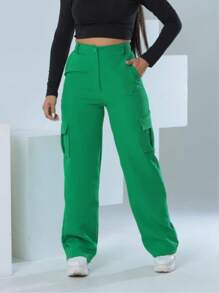 Pantalón campana con bolsas cargo para uso diario - Verde Oscuro - Ver 3