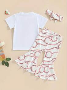 年輕女孩圓領字母印花短袖t恤和網球印花時尚喇叭褲 - 白色 - 查看 2