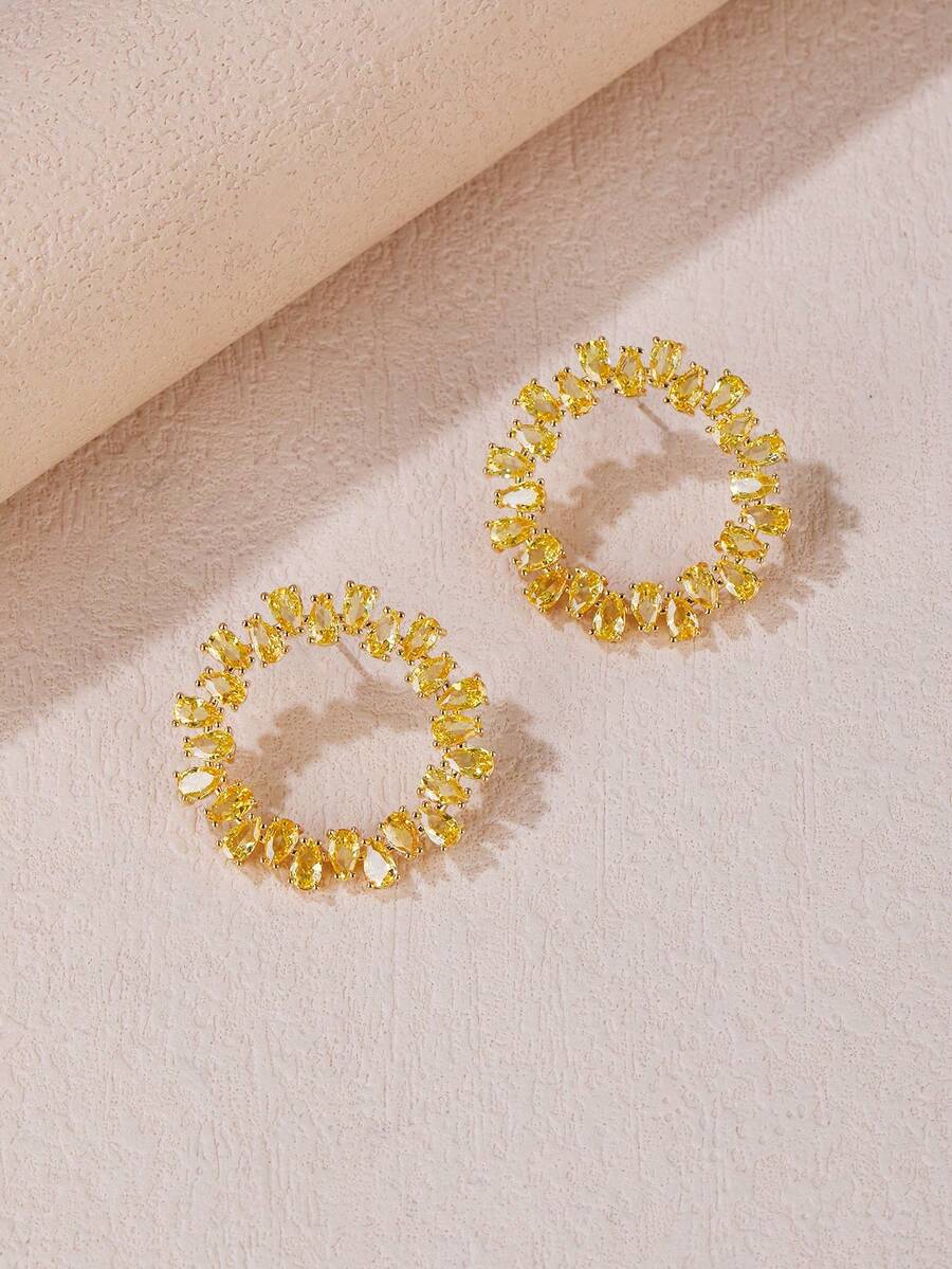 1pair Sparkling Luxury Cubic Zirconia Earrings For Women, Fashionable And Accessory For Formal Dress - Yellow - View 1