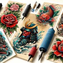 情人節禮物,紋身練習皮革套裝,包含轉印紙、紋身仿真皮革和紋身追蹤紙套裝,包括3片雙面皮革和10張貼紋紙,供紋身練習使用的紋身用品 - 黃色 - 查看 4