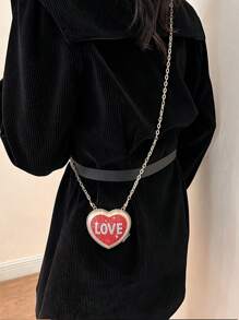 Fashion Chain Crossbody Bag With Mini Letter, Diamond & Heart-Shaped Design, Perfect Gift For Valentine'S Day Date Night - Gold - View 3