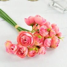 Artificial Bouquet With 7 Stems Of Tea Rose For Bridesmaid And Wedding Centerpiece/ Table Decoration, Romantic Vintage Floral Decor - Hot Pink - View 3
