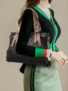 勃艮第女士斜挎包，2024年新款女士中年大容量手提包托特包，引人注目的女士工作包 - 黑色 - 查看 8