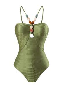 Allurini 2pcs/Set Beaded Decor Vintage Inspired Modest Tankini Swimsuit & Skirted Swimsuit For Women, Summer Elegant - Olive Green - View 2