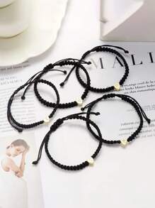 26 字母金心型手鍊女式男式 A-z 首字母姓名手工繩可調式手鍊情侶友誼首飾 - 黑色 - 查看 2