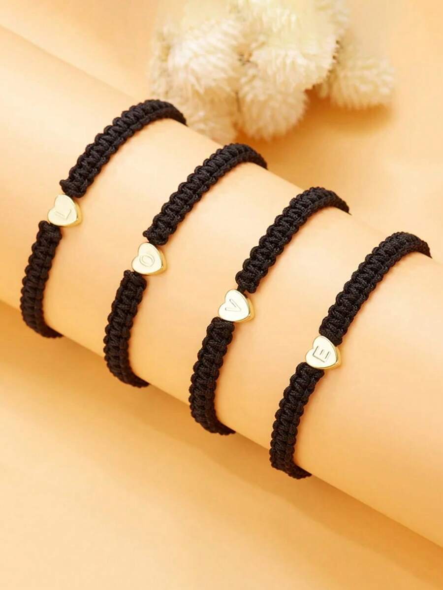 26 字母金心型手鍊女式男式 A-z 首字母姓名手工繩可調式手鍊情侶友誼首飾 - 黑色 - 查看 1