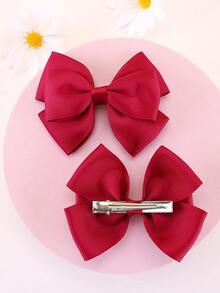 2pcs/Set Little Girls' Double-Layered Bow Decor Hair Clips In Light Beige - Burgundy - View 2