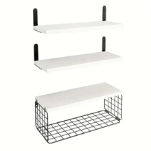 3pcs Floating Wall Shelves Wooden Bathroom Shelf Metal Storage Rack For Kitchen Living Room Bedroom Bathroom - White - View 1
