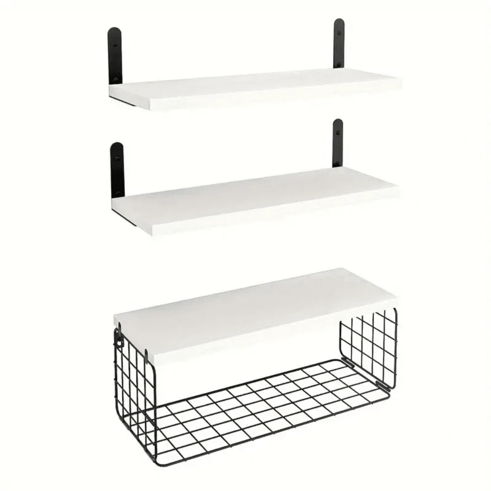 3pcs Floating Wall Shelves Wooden Bathroom Shelf Metal Storage Rack For Kitchen Living Room Bedroom Bathroom - White - View 1