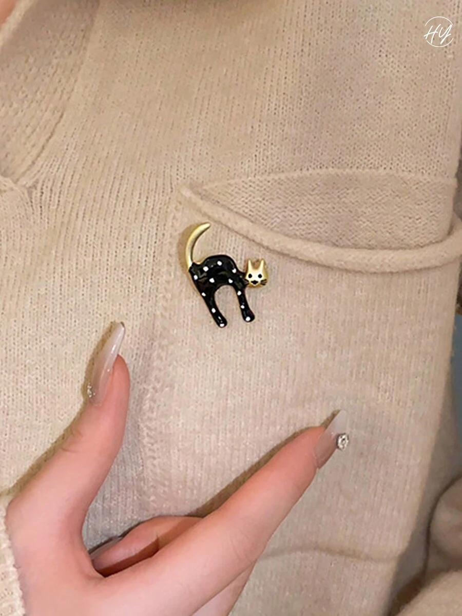 1 件金色圓點和油滴設計卡通貓形胸針 - 可愛甜美西裝翻領別針適合女士日常佩戴和節日配件 - 彩色 - 查看 1
