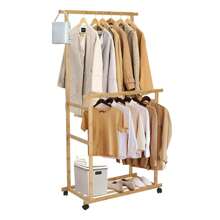 Bamboo Clothes Rail Rack: Double Hanging Rails Clothes Rack On Wheels Free Standing Garment Rack With Storage Shelves Coat Rack For Dress Pants Shoes 80x40x160cm Halloween Decorations Halloween Costumes Autumn Decor Festival Decor - Beige - View 1