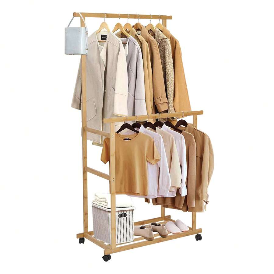 Bamboo Clothes Rail Rack: Double Hanging Rails Clothes Rack On Wheels Free Standing Garment Rack With Storage Shelves Coat Rack For Dress Pants Shoes 80x40x160cm Halloween Decorations Halloween Costumes Autumn Decor Festival Decor - Beige - View 1