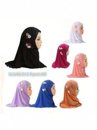 1pc Children 2-6Y Bandana Floral Headscarf, Arabic Hat With Rhinestone Flower Headwrap