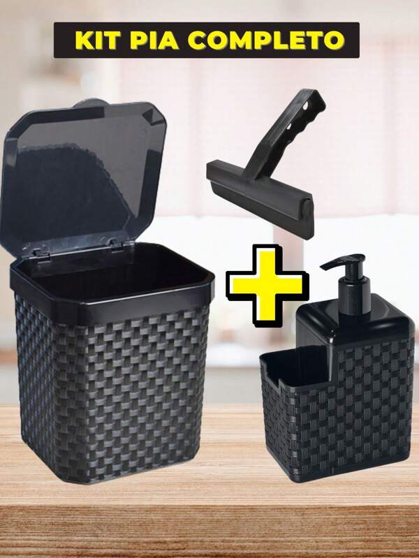 KIT Lixeira Rattan 5L Preta com Tampa + Porta Detergente + Rodinho de pia Kit com 3 peças