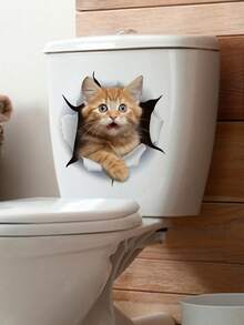 2024夾邊卡通3d破牆貓廁所貼紙廁所浴室裝飾貼紙 - 彩色 - 查看 4