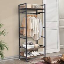 Open Wardrobe Clothes Rack: Industrial Clothes Rail Heavy Duty Coat Stand Garment Rack Wooden Clothing Rack 3 Tier Storage Shelf Organiser Cabinet Shelves With Shoe Rack Halloween Decorations Halloween Costumes Autumn Decor Festival Decor - Brown - View 1