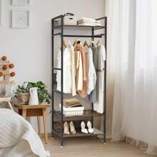 Open Wardrobe Clothes Rack: Industrial Clothes Rail Heavy Duty Coat Stand Garment Rack Wooden Clothing Rack 3 Tier Storage Shelf Organiser Cabinet Shelves With Shoe Rack Halloween Decorations Halloween Costumes Autumn Decor Festival Decor - Brown - View 3