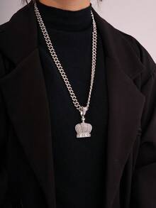 1pc Hip-Hop Style Rhinestone Inlaid King Crown Pendant Necklace, Stainless Steel Vintage Crown Style Jewelry - Multicolor - View 7