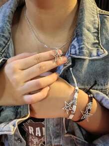 復古龐克風格編織星星和五角星設計手鍊和項鍊套裝,男女均可佩戴的配飾 - 銀色 - 查看 3