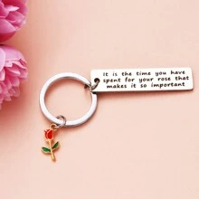1入女士啟發式禮物新款不鏽鋼玫瑰長鑰匙扣,時間是你可以送給朋友和姐妹的禮物鑰匙扣吊飾 - 銀色 - 查看 2