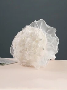 1入組新娘白色泡沫花束，帶有鑽石和珍珠細節手柄 - 白色 - 查看 2