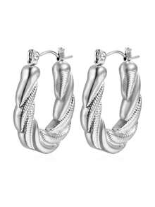1pair New Twisted U Shaped Stainless Steel Earrings With Exquisite Workmanship - Silver - View 5