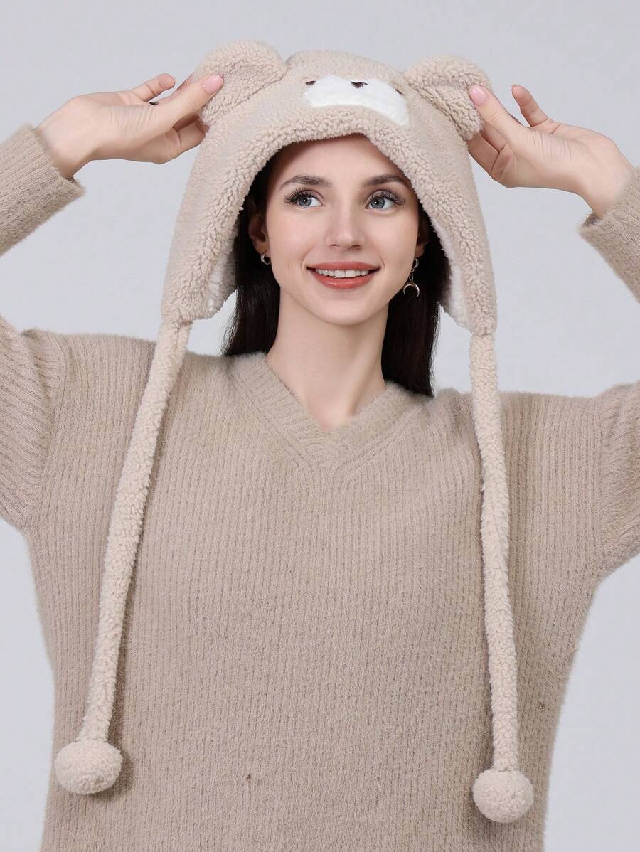 LEAJOURNO. 1頂女士可愛毛茸茸熊耳帽,冬季保暖毛絨耳瓣圓帽 - 卡其色 - 查看 1