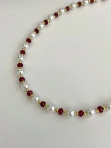 1pc 高雅奢華925純銀項鍊，金鍍銀人造珍珠，白色人造珍珠，紅寶石和藍玉髓設計，優質珠寶冬季日常佩戴，原裝正品 - 紅寶石貝殼珍珠鎖骨鏈 - 查看 2