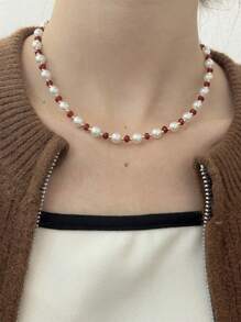 1pc 高雅奢華925純銀項鍊，金鍍銀人造珍珠，白色人造珍珠，紅寶石和藍玉髓設計，優質珠寶冬季日常佩戴，原裝正品 - 紅寶石貝殼珍珠鎖骨鏈 - 查看 3