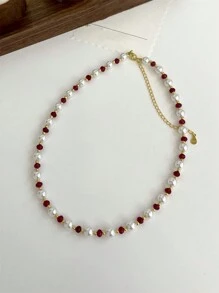 1pc 高雅奢華925純銀項鍊，金鍍銀人造珍珠，白色人造珍珠，紅寶石和藍玉髓設計，優質珠寶冬季日常佩戴，原裝正品 - 紅寶石貝殼珍珠鎖骨鏈 - 查看 6