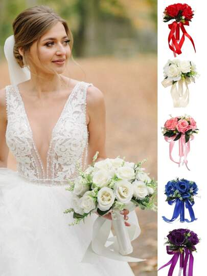 1件婚礼新娘捧花，人造丝玫瑰花伴娘拍照道具，非常适合求婚、周年纪念、毕业典礼和情人节配饰