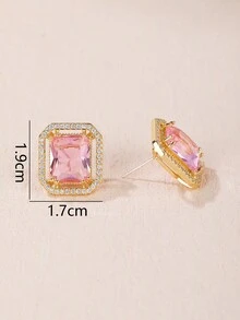 1pair High-End Square Cubic Zirconia Stud Earrings Suitable For Women's Dressy And Formal Occasions As Sleek Earrings Or As A Luxurious Accessory - Pink - View 3