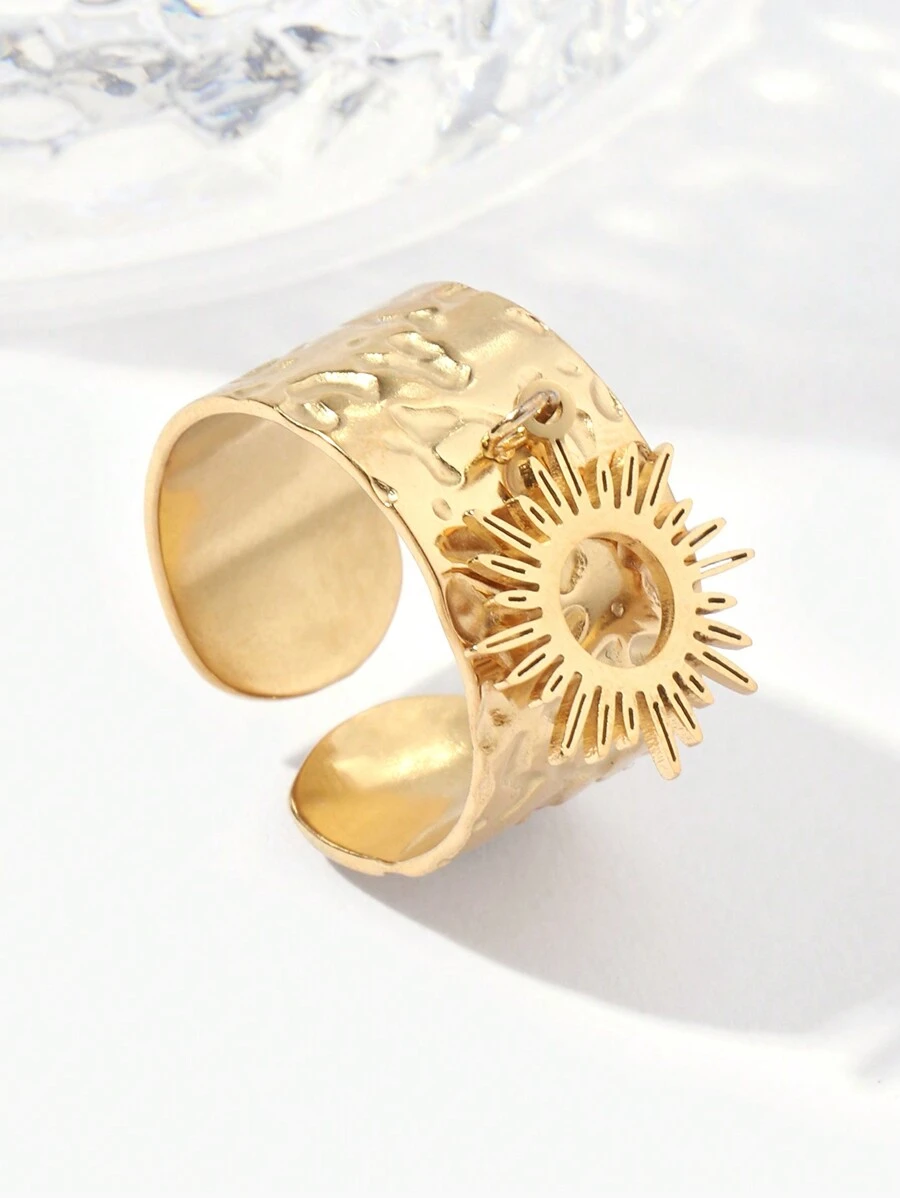 1pc Titanium Steel Sunburst Open Ring - Gold - View 1