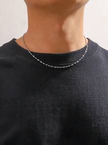 1入不鏽鋼雙層水紋設計頸鍊,簡約時尚鎖骨鏈,優雅百搭飾品,送給西式時尚男孩和男人的生日禮物 - 銀色 - 查看 2