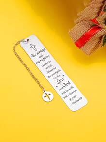 1pc Stainless Steel Bookmark With Inspirational Quote & Cross Design, Fashionable & Personalized Gift For Friends, Family, Children, Graduation Season, Students - Silver - View 1