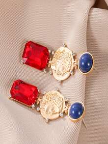 1只銀針鑲嵌鑽石人像幾何圖形耳針,適用於女性 - 彩色 - 查看 3