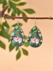 1 對歐美風格聖派翠克節四葉草和蝴蝶結形狀耳環帶鏤空水滴形帽子、老人和肖像木吊墜、節日禮物、派對耳環 - 彩色 - 查看 12