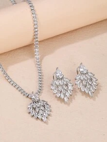 3入組時尚羽毛造型立方氧化鋯項鍊和耳環套裝,適用於婚禮派對裝扮 - 銀色 - 查看 2