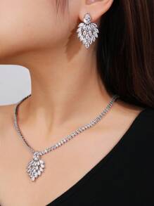 3入組時尚羽毛造型立方氧化鋯項鍊和耳環套裝,適用於婚禮派對裝扮 - 銀色 - 查看 1