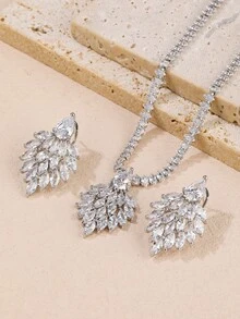 3入組時尚羽毛造型立方氧化鋯項鍊和耳環套裝,適用於婚禮派對裝扮 - 銀色 - 查看 3