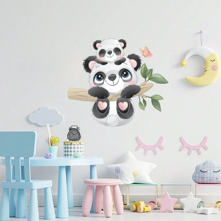 Panda And Branches Wall Decal Watercolor Animal Wall Sticker Peel And Stick Wall Decor For Kids Girls Bedroom Living Room Decor - Multicolor - View 1